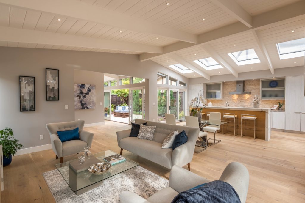 Open mid-century living room in a Carmel Coastal Eichler restoration