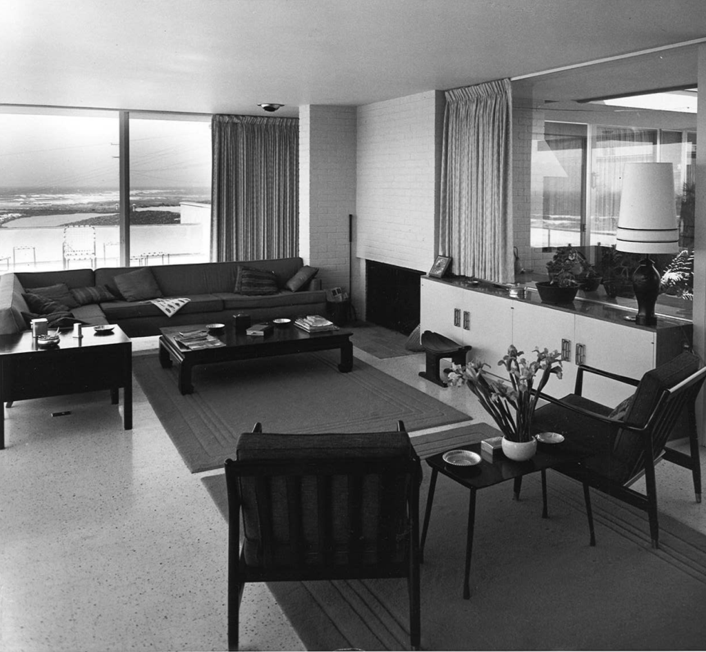 Glass-walled living room in the mid-century Connell House by Richard Neutra